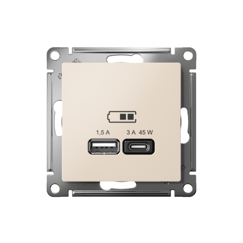 ATLASDESIGN USB РОЗЕТКА A + тип-C 45Вт высокоскор.заряд. QC, PD, механизм, БЕЖЕВЫЙ ATLASDESIGN USB РОЗЕТКА A + тип-C 45Вт высокоскор.заряд. QC, PD, механизм, БЕЖЕВЫЙ