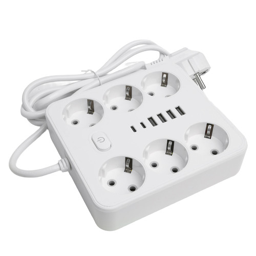Удлинитель 6-местный c/з 3x1 мм2, 1,8 м, 250В, 10А, 4USB+2Type-C 2,4А, серия Home plus, белый STEKKER HM09-66-02 Удлинитель 6-местный c/з 3x1 мм2, 1,8 м, 250В, 10А, 4USB+2Type-C 2,4А, серия Home plus, белый STEKKER HM09-66-02