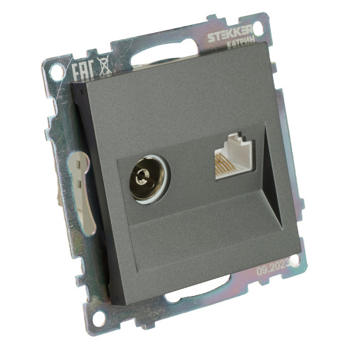 Розетка TV + компьютерная RJ-45 (механизм), серия Катрин, графит, GLS00-7106-06 Розетка TV + компьютерная RJ-45 (механизм), серия Катрин, графит, GLS00-7106-06