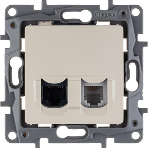 Розетка двойная/ Розетка двойная RJ11+RJ45 кат.5E UTP слоновая кость ETIKA