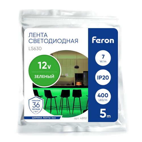 Светодиодная COB лента Feron LS630, 400SMD(2110)/ 7Вт/м 12V 5000*3*1.8мм зеленый, IP20 Светодиодная COB лента Feron LS630, 400SMD(2110)/ 7Вт/м 12V 5000*3*1.8мм зеленый, IP20