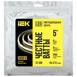 Лента светодиодная 5м COB 312LED/м 8Вт/м IP65 ширина 8мм 24В теплый белый IEK