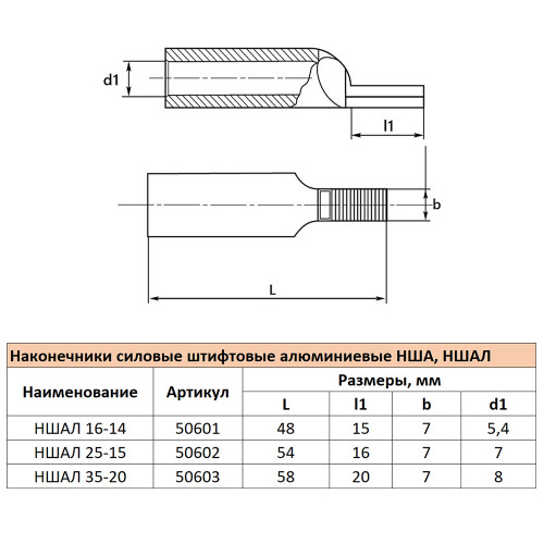 LD-NSHAL-25-15 Наконечник штифтовой алюминиевый луженый НШАЛ 25-15