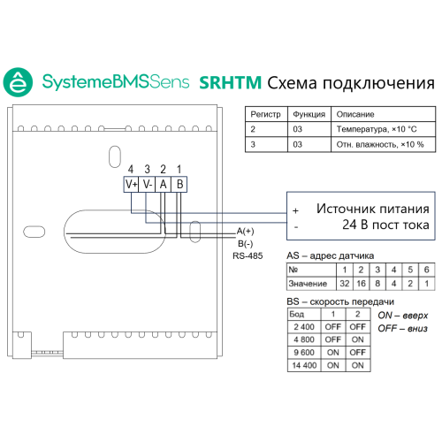 Датчик влажности и температуры комнатный, RS485 ModbusRTU ⎓15…35В