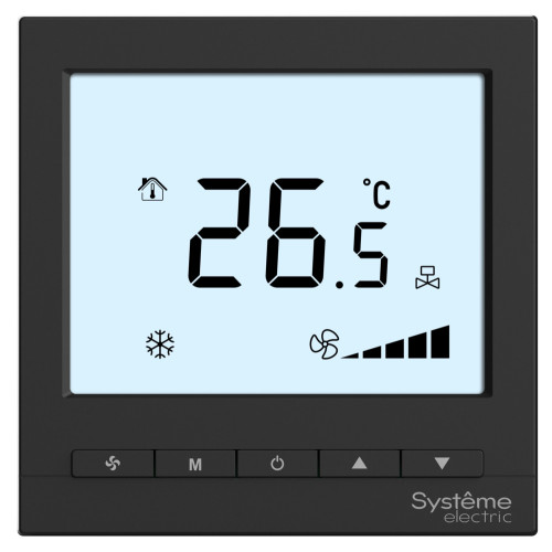 Термостат комнатный цифровой, О/Н/В/А для 4тр 3ск FCU и 2-поз.клап, 1UI 5DO Modbus ⏦230В BS чер Термостат комнатный цифровой, О/Н/В/А для 4тр 3ск FCU и 2-поз.клап, 1UI 5DO Modbus ⏦230В BS чер