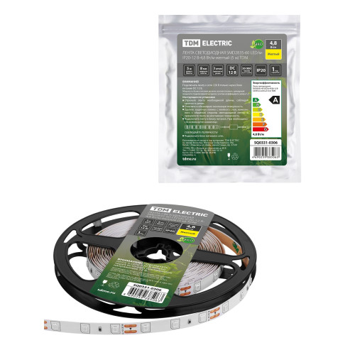 Лента светодиодная SMD2835-60 LED/м-IP20-12 В-4,8 Вт/м-желтый (5 м) TDM Лента светодиодная SMD2835-60 LED/м-IP20-12 В-4,8 Вт/м-желтый (5 м) TDM