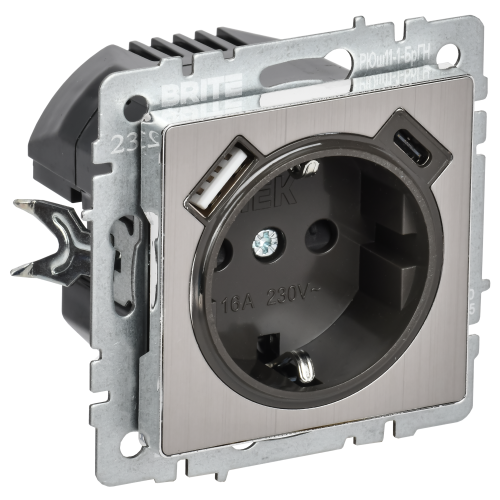 BRITE Розетка 1-местная с заземлением с защитными шторками 16А с USB A+C 18Вт РЮш11-1-БрГН металл хром/никель IEK