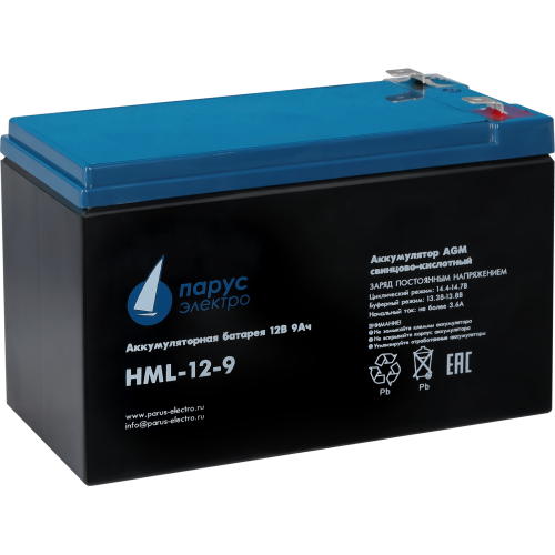 Battery Parus Electro, professional series HML-12-9, voltage 12V, capacity 9Ah (discharge 20 hours), max. discharge current (5sec) 135A, max. charge current 3.6A, lead-acid type AGM, terminals F2, LxWxH 151x65x94mm., total height with terminals 101mm., we