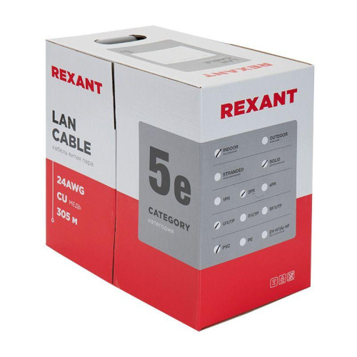 Кабель витая пара U/UTP кат.5E 2х2х24AWG solid CU PVC сер. (м) Rexant 01-0023 Кабель витая пара U/UTP кат.5E 2х2х24AWG solid CU PVC сер. (м) Rexant 01-0023