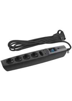 Удлинитель с сетевым фильтром 5х2м с заземл. 10А IP20 U-5es-2m-B 2хUSB ПВС 3х0.75 с выкл. защ. шторки черн. Эра C0043326