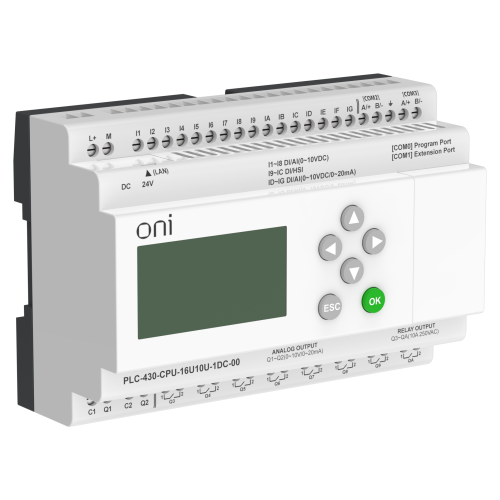 ПЛК 430 Модуль ЦПУ 4 DI 12 UI (0-10 В/DI) 8 RO 2 AO (1 шт 0-10 В и 1 шт 0-20 мА) 24В DC с Ethernet портом с экраном ONI