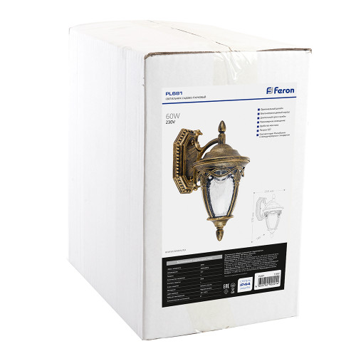 Светильник садово-парковый Feron PL681 на стену вниз 60W 230V E27, черное золото Светильник садово-парковый Feron PL681 на стену вниз 60W 230V E27, черное золото