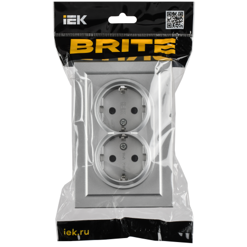 BRITE Розетка 2-местная с заземлением с защитными шторками 16А безвинтовое крепление в сборе РСш22-3-БрА алюминий IEK