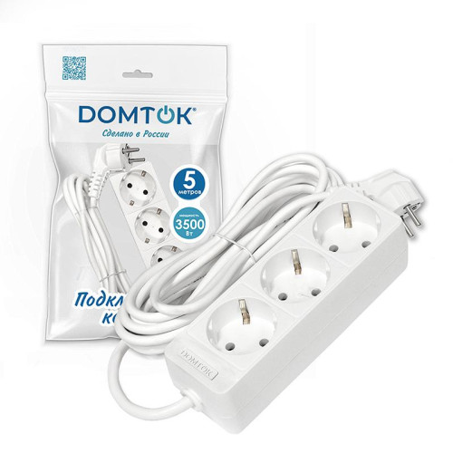 Удлинитель 3х5м с заземл. 16А IP20 3.5кВт ПВС 3х1 бел. DOMTOK 2392 Удлинитель 3х5м с заземл. 16А IP20 3.5кВт ПВС 3х1 бел. DOMTOK 2392