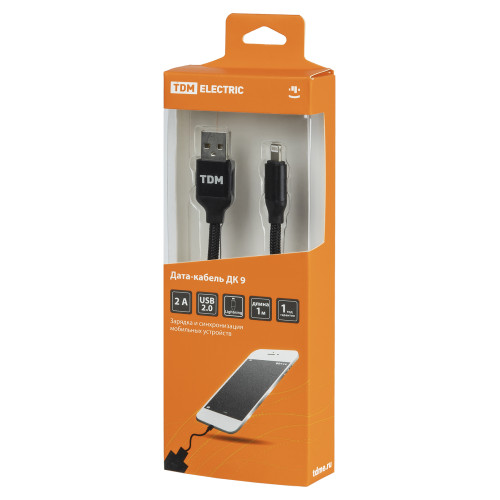 Дата-кабель, ДК 9, USB - Lightning, 1 м, тканевая оплетка, черный, TDM Дата-кабель, ДК 9, USB - Lightning, 1 м, тканевая оплетка, черный, TDM