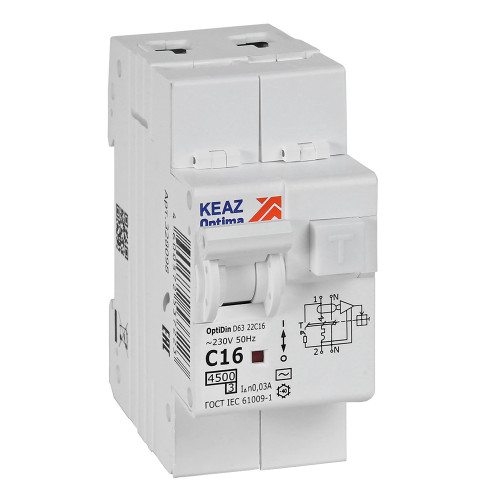 АВДТ с защитой от сверхтоков OptiDin D63-22C16-AC-У3 (2P, C16, 30mA, 4,5кА)