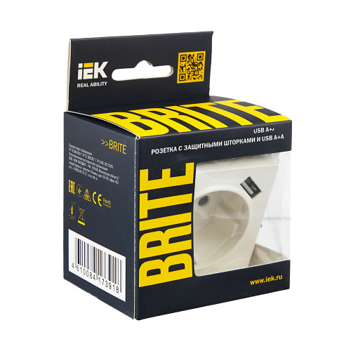 BRITE Розетка 1-местная с заземлением с защитными шторками 16А с USB A+A 5В 3,1А РЮш10-2-БрБ белый IEK BRITE Розетка 1-местная с заземлением с защитными шторками 16А с USB A+A 5В 3,1А РЮш10-2-БрБ белый IEK