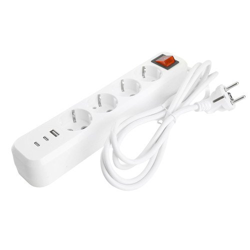 Удлинитель 4-местный с/з с выключ. STEKKER HM071-41-02 3x1мм2, 2м, 250В, 16А, 1USB+2C, 2.4A, сер Home, белый