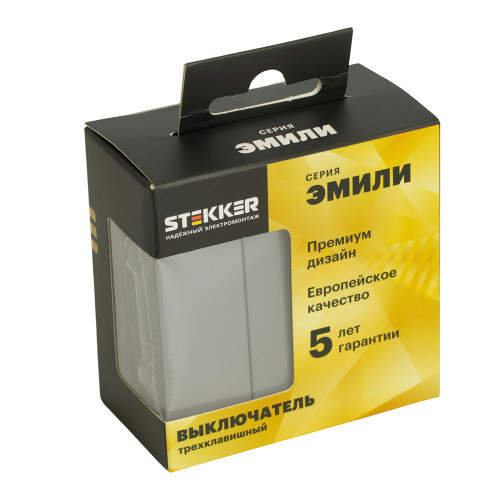 Выключатель 3-клавишный (механизм), STEKKER, 250В, 10А, серия Эмили, RSW10-5108-10, платиново-серый, soft touch