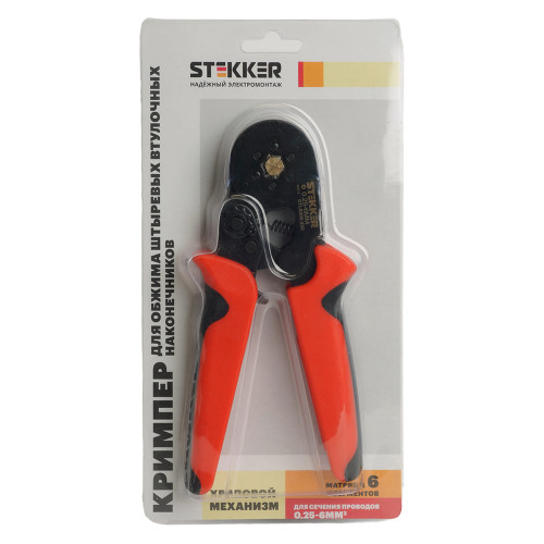 Кримпер STEKKER CTLS006-250 для обжима штыревых втулочных наконечников 0,25-6мм2, 6 сегментов,красный, черный Кримпер STEKKER CTLS006-250 для обжима штыревых втулочных наконечников 0,25-6мм2, 6 сегментов,красный, черный