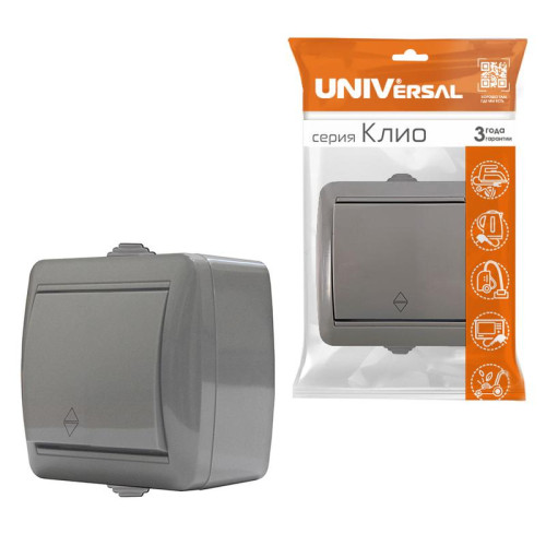 Переключатель проходной 1-кл. ОП Клио 10А IP44 сер. UNIVersal К2230-Gr Переключатель проходной 1-кл. ОП Клио 10А IP44 сер. UNIVersal К2230-Gr