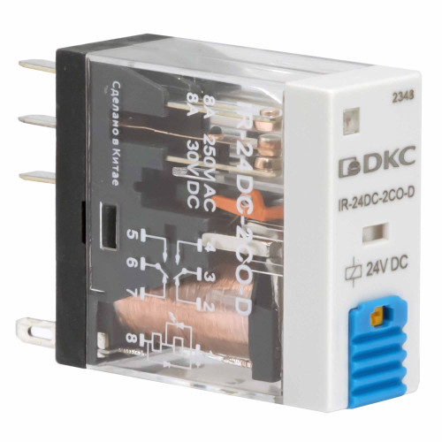 Реле миниатюрное промышленное, 2CO, ком. ток 8А, AgSnO2, напряжение 24V DC, опция: тест-кнопка+светодиод+защитный диод Реле миниатюрное промышленное, 2CO, ком. ток 8А, AgSnO2, напряжение 24V DC, опция: тест-кнопка+светодиод+защитный диод