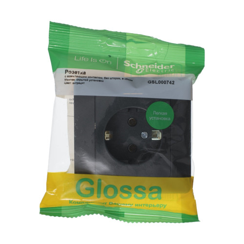 GLOSSA РОЗЕТКА с заземлением без шторок, 16А, в сборе, АНТРАЦИТ GLOSSA РОЗЕТКА с заземлением без шторок, 16А, в сборе, АНТРАЦИТ