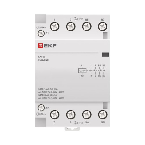 Контактор модульный КМ 20А 2NO+2NC 230В АС (3 мод.) PROXIMA EKF Контактор модульный КМ 20А 2NO+2NC 230В АС (3 мод.) PROXIMA EKF