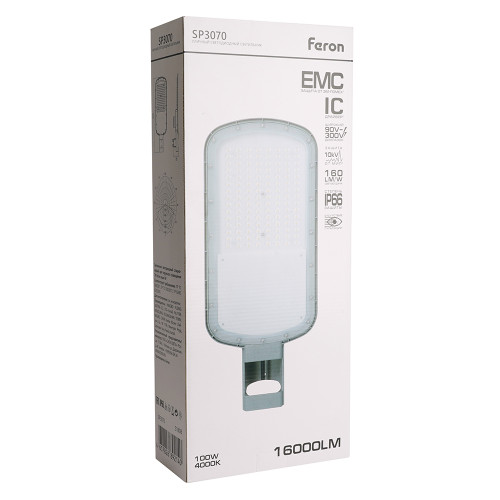 Светодиодный уличный консольный светильник Feron SP3070 100W 4000K AC90-300V, серый Светодиодный уличный консольный светильник Feron SP3070 100W 4000K AC90-300V, серый