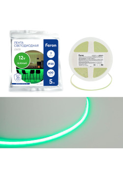 Светодиодная COB лента Feron LS630, 400SMD(2110)/ 7Вт/м 12V 5000*3*1.8мм зеленый, IP20