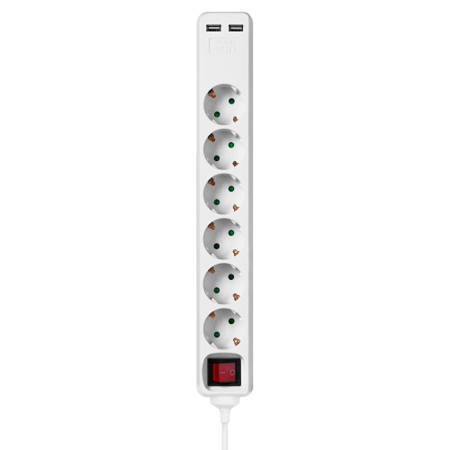 Удлинитель бытовой У06В-USB 6 гнезд, 2USB 2,4А, 1,5 м, вык., з/к, ПВС 3х0,75мм2 10А/250В белый TDM Удлинитель бытовой У06В-USB 6 гнезд, 2USB 2,4А, 1,5 м, вык., з/к, ПВС 3х0,75мм2 10А/250В белый TDM