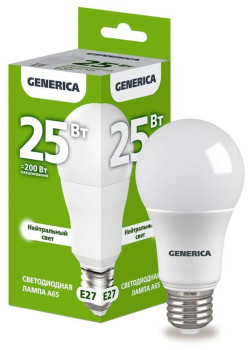 Лампа светодиодная A65 25Вт грушевидная 4000К E27 230В GENERICA LL-A65-25-230-40-E27-G