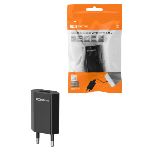 Сетевое зарядное устройство, СЗУ 2, 1 А, 1 USB, черный, TDM