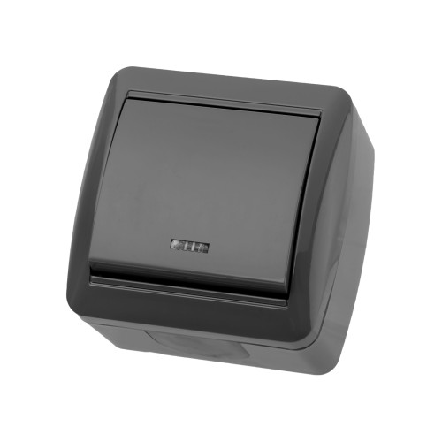 Выключатель 1-кл. открытой установки с подсветкой IP44 10А серый 