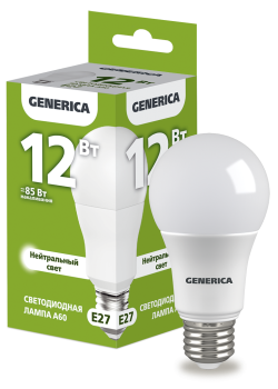 Лампа светодиодная A60 груша 12Вт 230В 4000К E27 GENERICA
