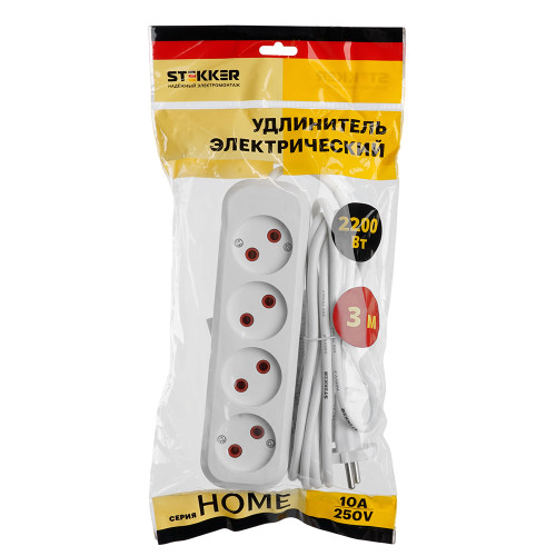 Удлинитель 4-местный б/з Stekker, HM01-40-03, 3м, 2x0,75, серия Home (У10-429), белый Удлинитель 4-местный б/з Stekker, HM01-40-03, 3м, 2x0,75, серия Home (У10-429), белый