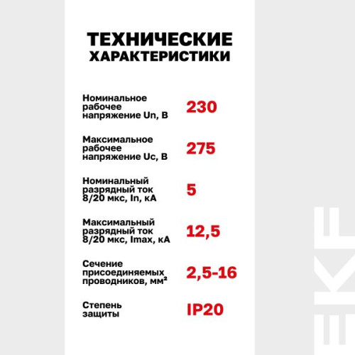 Ограничитель импульсных напряжений ОИН 1Р In=5kA Un=275B Imax=12,5kA EKF Ограничитель импульсных напряжений ОИН 1Р In=5kA Un=275B Imax=12,5kA EKF