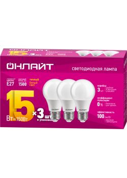 Лампа светодиодная 90 606 OLL-A60-15-230-2.7K-E27-PACK3 ОНЛАЙТ 90606