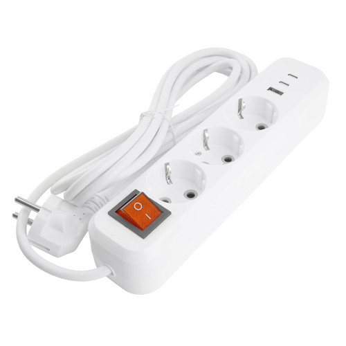 Удлинитель 3-местный с/з с выключ. STEKKER HM071-31-05 3x1мм2, 5м, 250В, 16А, 1USB+2C, 2.4A, сер Home, белый Удлинитель 3-местный с/з с выключ. STEKKER HM071-31-05 3x1мм2, 5м, 250В, 16А, 1USB+2C, 2.4A, сер Home, белый