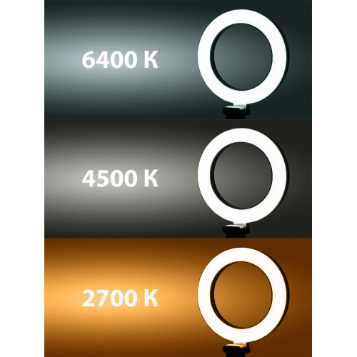 Лампа кольцевая светодиодная 16 см, 6 Вт, 2700-6400 К, штатив наст., диммер, USB, TDM Лампа кольцевая светодиодная 16 см, 6 Вт, 2700-6400 К, штатив наст., диммер, USB, TDM