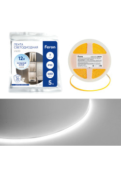 Светодиодная COB лента Feron LS630, 400SMD(2110)/ 7Вт/м 12V 5000*3*1.8мм 6500K, IP20