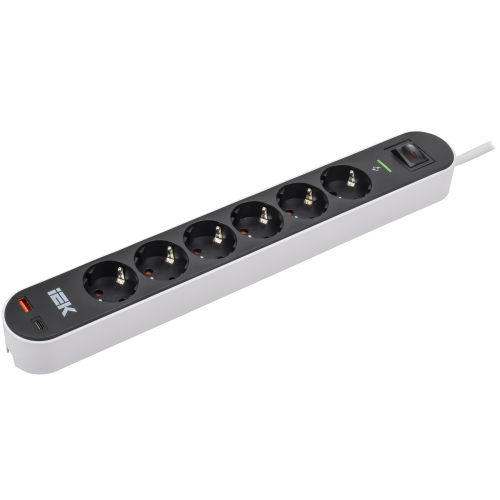 Фильтр сетевой СФ-06К 16А USB A+C 20Вт 1,5м 3х1,5мм2 черный IEK