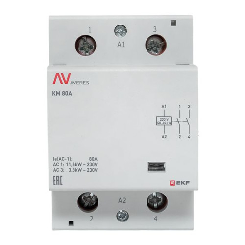 Контактор модульный КМ 80А 2NO 230В АС (3 мод.) AVERES EKF Контактор модульный КМ 80А 2NO 230В АС (3 мод.) AVERES EKF