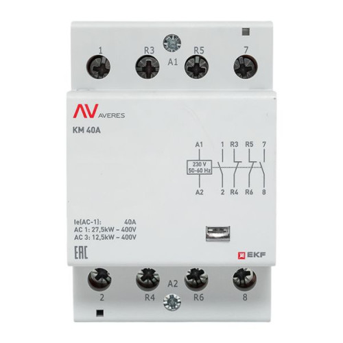 Контактор модульный КМ 40А 2NO+2NC 230В АС (3 мод.) AVERES EKF Контактор модульный КМ 40А 2NO+2NC 230В АС (3 мод.) AVERES EKF