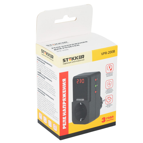 Реле напряжения для розетки регулируемое  STEKKER  VPR-200B, 230В,16A,черный