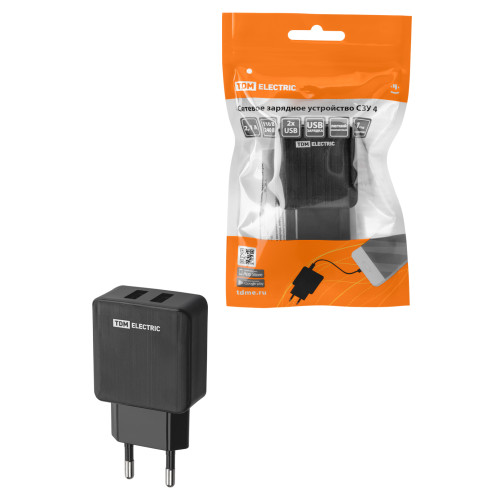 Сетевое зарядное устройство, СЗУ 4, 2,1 А, 2 USB, черный, TDM