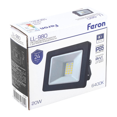 Светодиодный прожектор FERON с датчиком освещенности LL-980 IP65 20W 6400K черный Светодиодный прожектор FERON с датчиком освещенности LL-980 IP65 20W 6400K черный