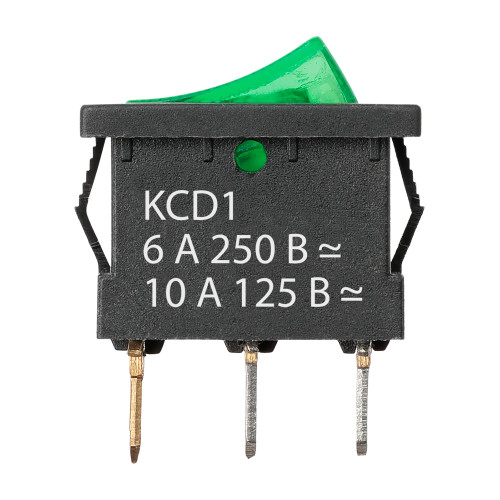 Выключатель клавишный KCD1-101N 250В AC/DC 1P 6А (3с) ON-OFF черный корпус, зеленая клавиша с LED подсветкой, Mini TDM Выключатель клавишный KCD1-101N 250В AC/DC 1P 6А (3с) ON-OFF черный корпус, зеленая клавиша с LED подсветкой, Mini TDM