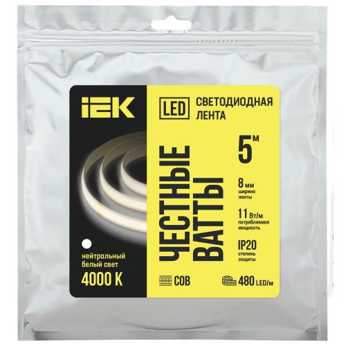 Лента светодиодная 5м COB 480LED/м 11Вт/м IP20 ширина 8мм 24В нейтральный белый IEK Лента светодиодная 5м COB 480LED/м 11Вт/м IP20 ширина 8мм 24В нейтральный белый IEK