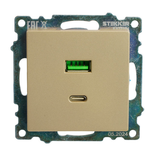 Розетка 2-местная USB + type C (механизм), 250В, 3А, max 20W, STEKKER, GLS10-7116-08, серия Катрин, золото Розетка 2-местная USB + type C (механизм), 250В, 3А, max 20W, STEKKER, GLS10-7116-08, серия Катрин, золото